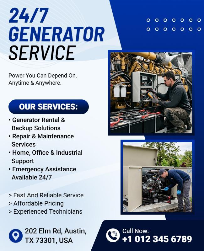 24/7 Generator Repair Service Flyer Template