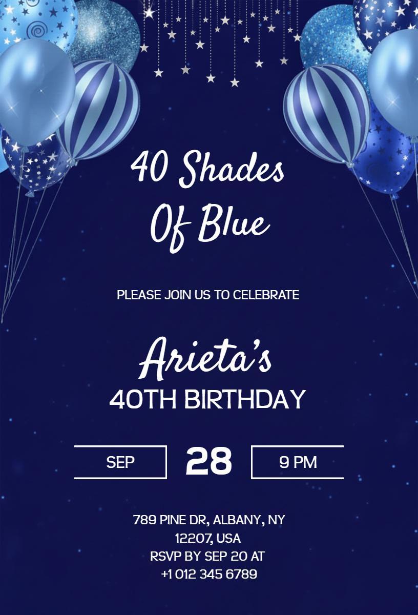 40 Shades of Blue Elegant 40th Birthday Celebration Invitation Template