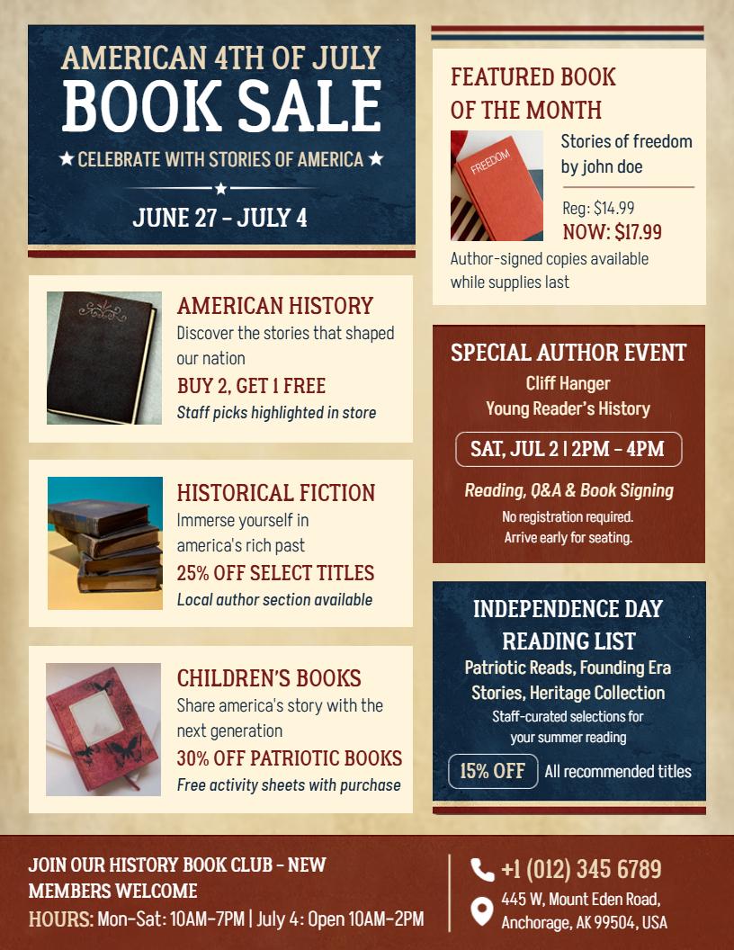4th of July American Heritage Bookstore Event Flyer Template