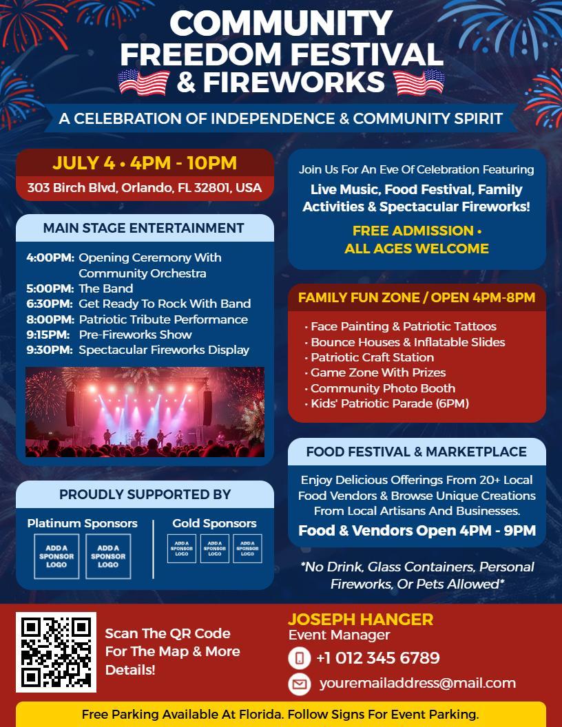 4th of July Community Freedom Festival and Fireworks Flyer Template