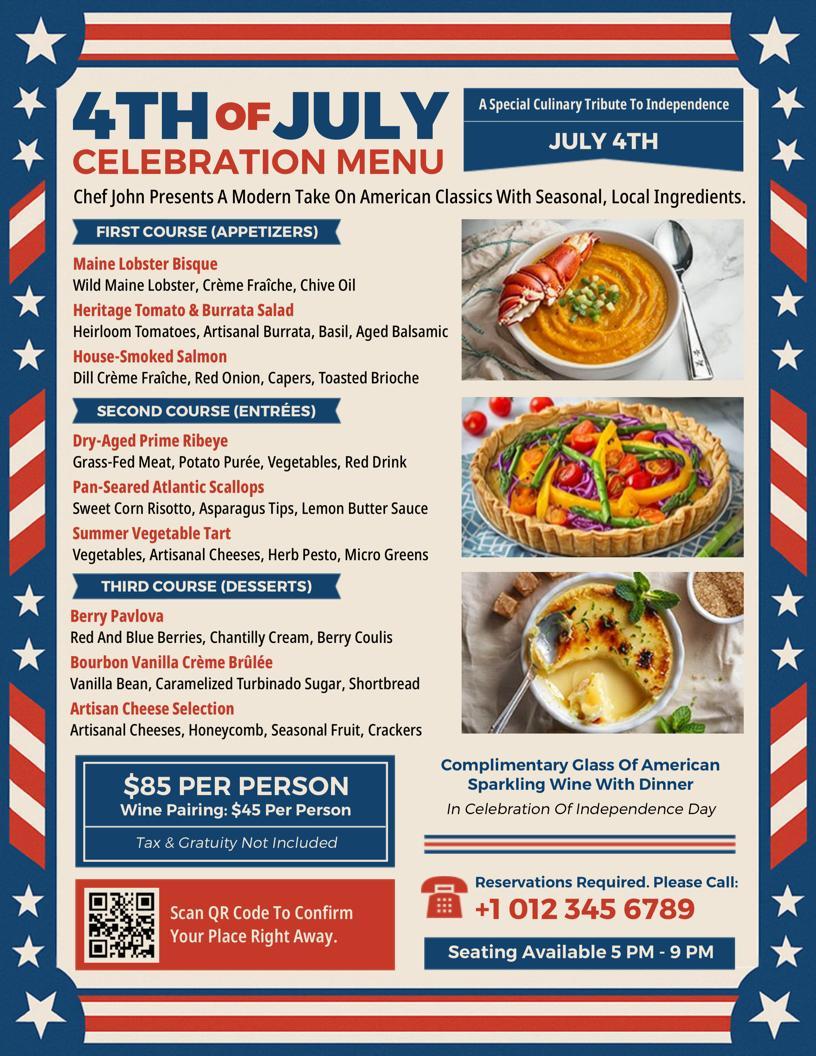 4th of July Fine Dine Special Menu Flyer Template