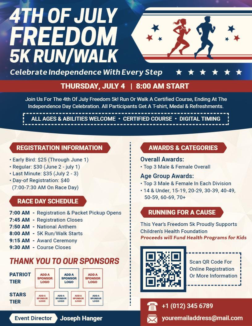 4th of July Freedom 5k Run and Walk Flyer Template