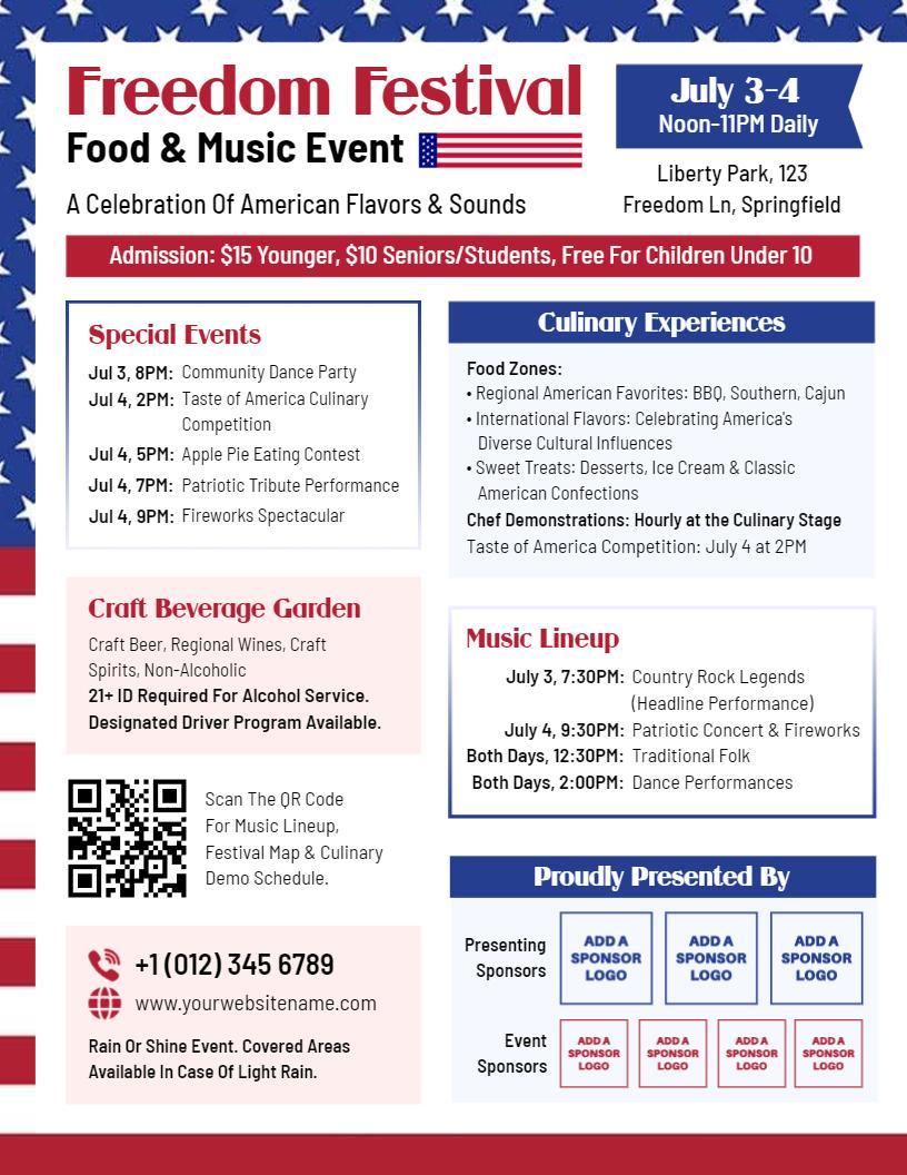 4th of July Freedom Festival Food and Music Event Flyer Template