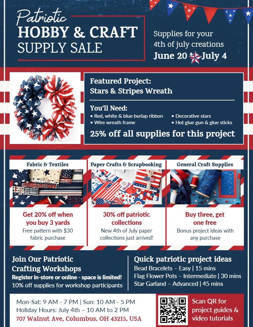 4th of July Patriotic Hobby and Craft Supply Sale Flyer Template