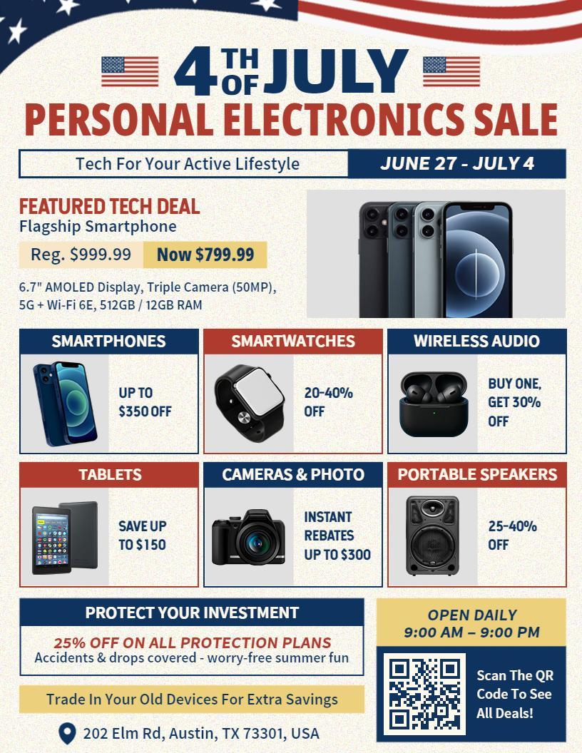 4th of July Patriotic Personal Electronics Sale Flyer Template