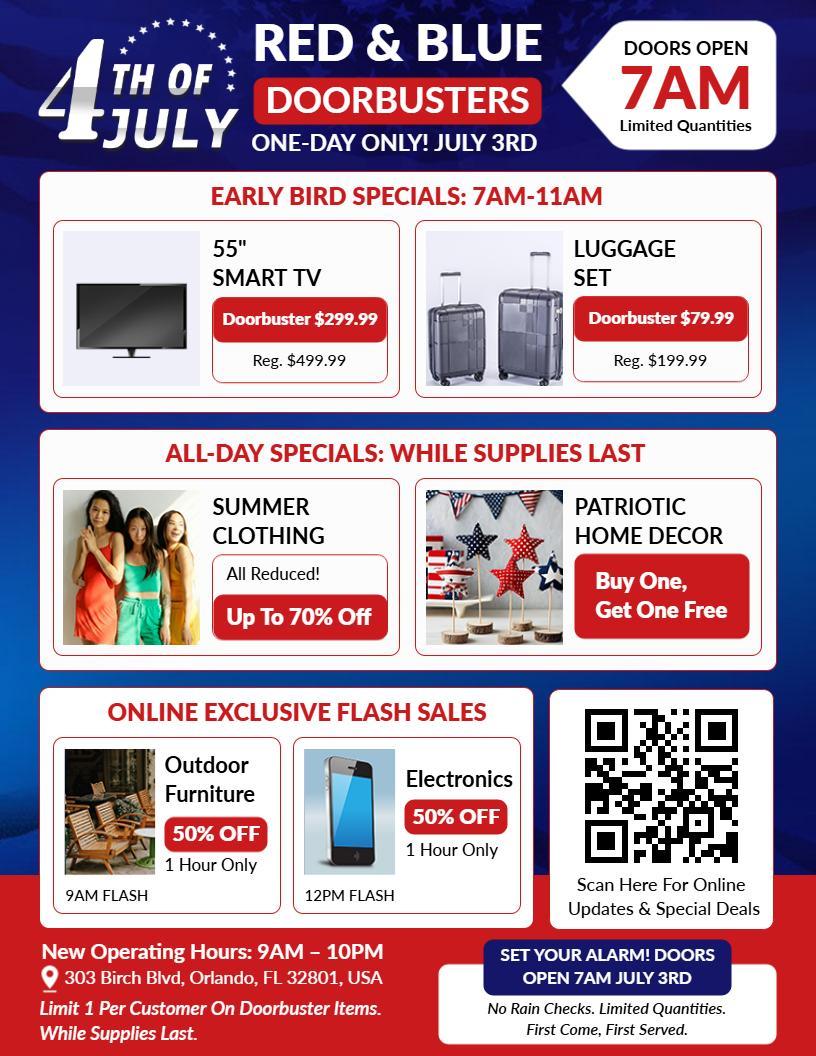 4th of July Red White and Blue Doorbusters Flyer Template