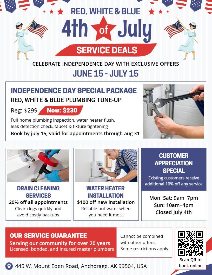 4th of July Red White and Blue Service Business Promotion Flyer Template