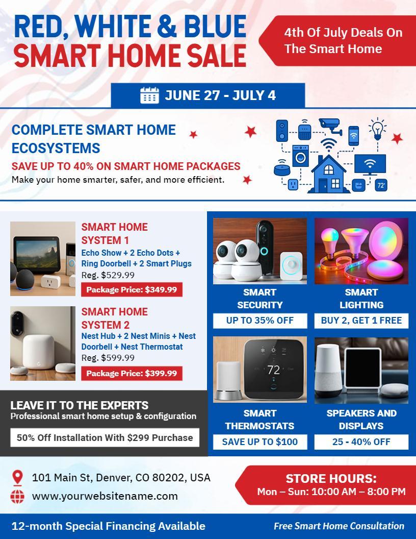 4th of July Red White and Blue Smart Home Sale Flyer Template