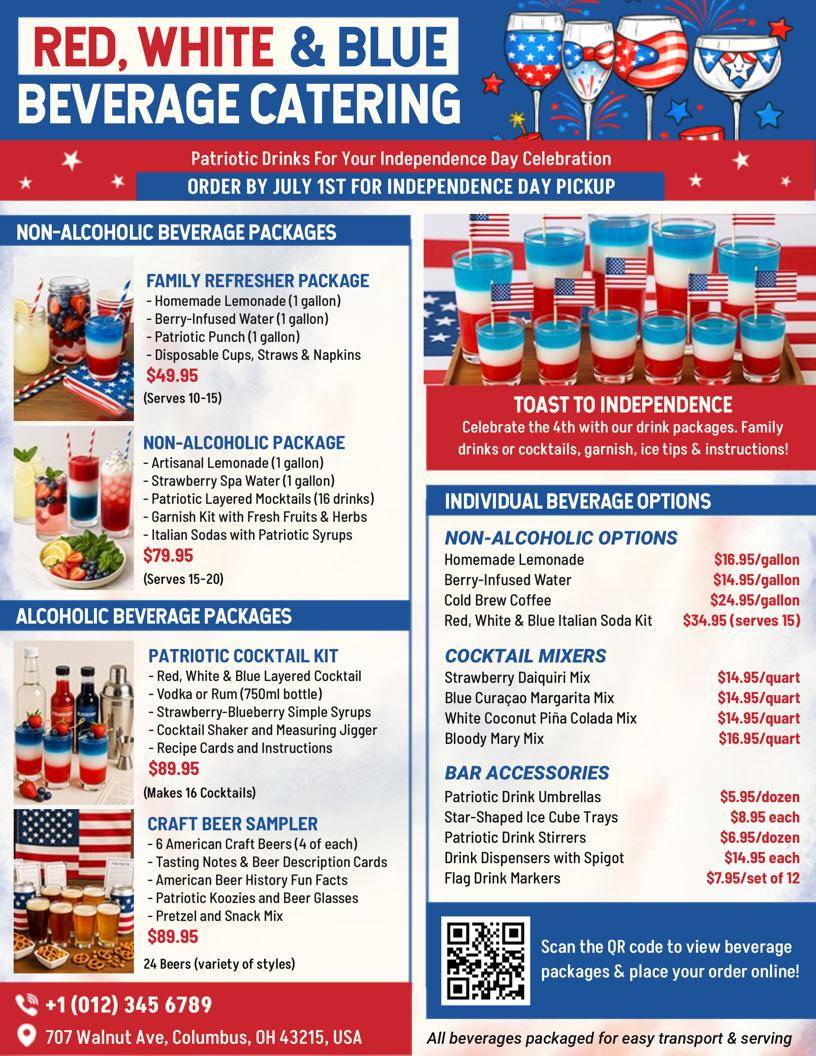4th of July Red, White & Blue Beverage Catering Menu Flyer Template
