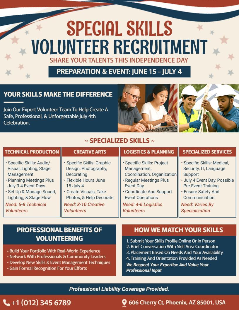 4th of July Skills Volunteer Recruitment Flyer Template