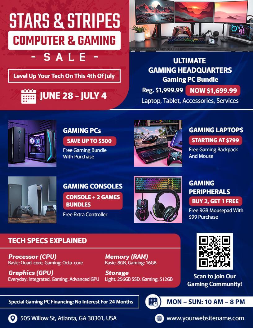 4th of July Stars and Stripes Computer and Gaming Sale Flyer Template