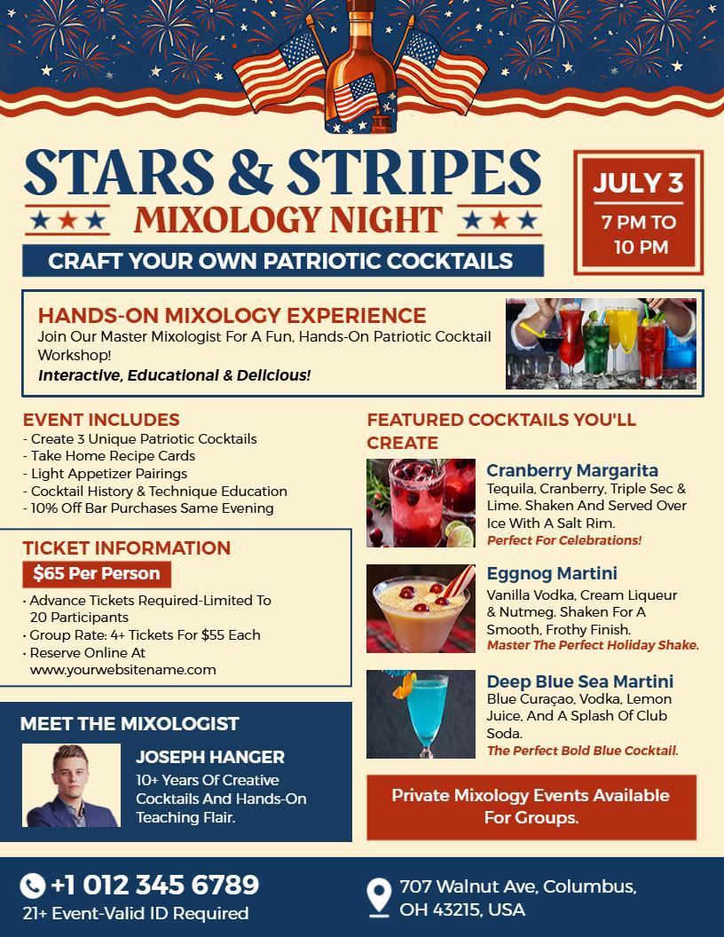 4th of July Stars & Stripes Mixology Night Flyer Template