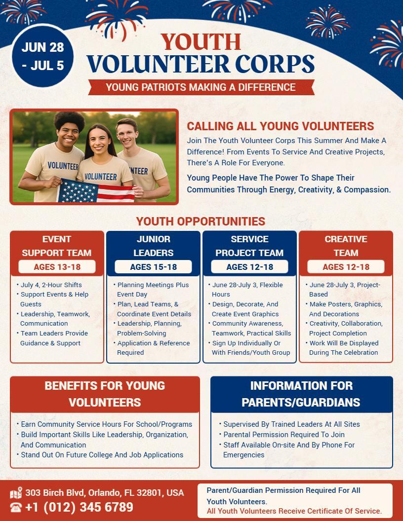 4th of July Youth Volunteer Corps Flyer Template