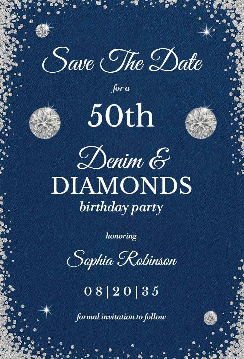 50th Denim and Diamonds Birthday Celebration Save The Date Invitation Template