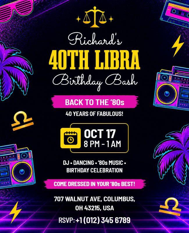 80s Themed Libra Birthday Bash Flyer Template