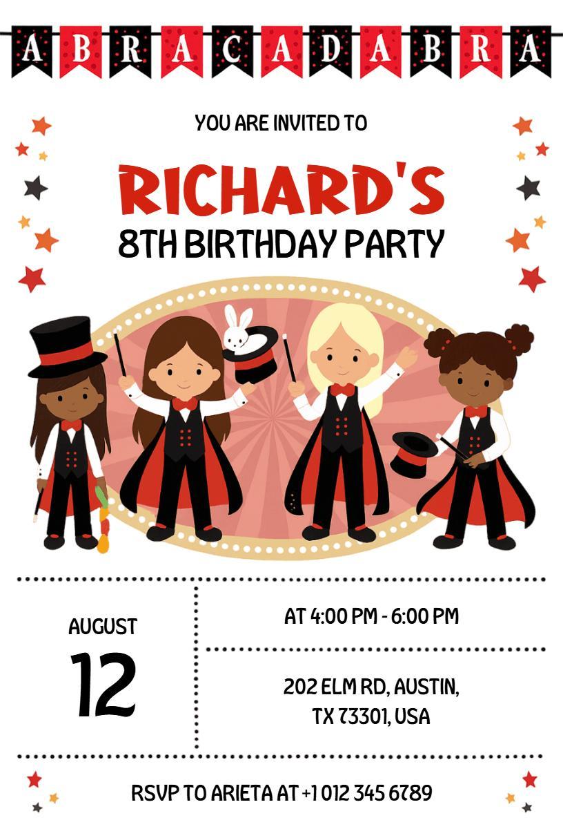Abracadabra Magical 8th Kids Birthday Celebration Invitation Template