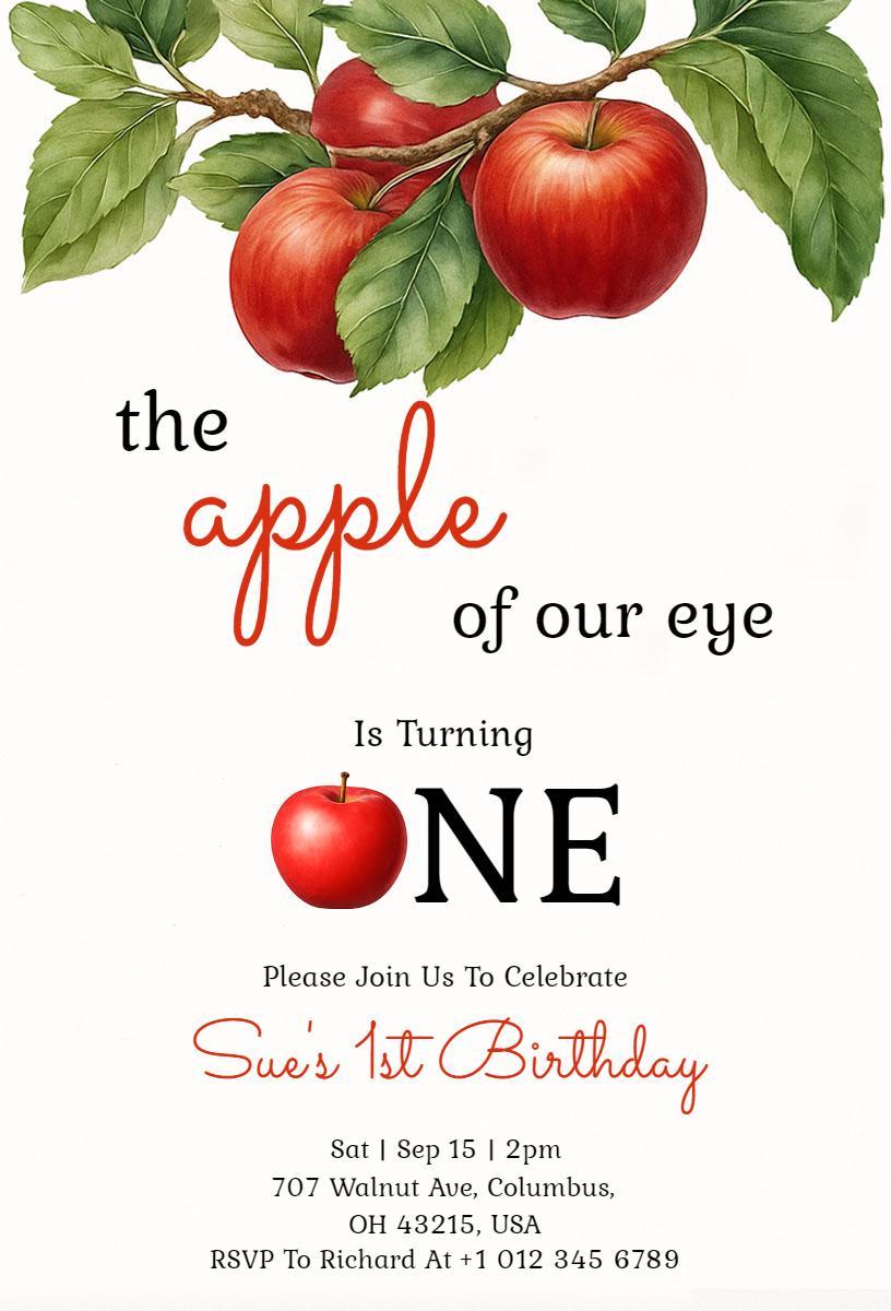 Adorable Apple Orchard Theme 1st Birthday Celebration Invitation Template