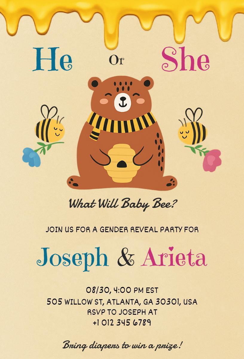 Adorable Bear Honeycomb Gender Reveal Party Invitation Template