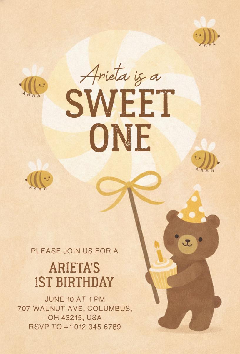 Adorable Bear Sweet One 1st Birthday Invitation Template
