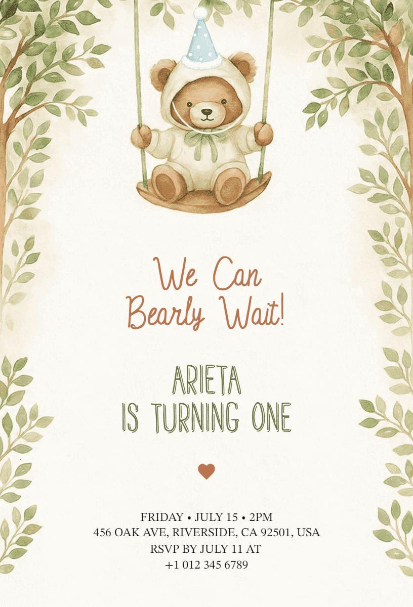 Adorable Bear Theme 1st Birthday Celebration Invitation Template