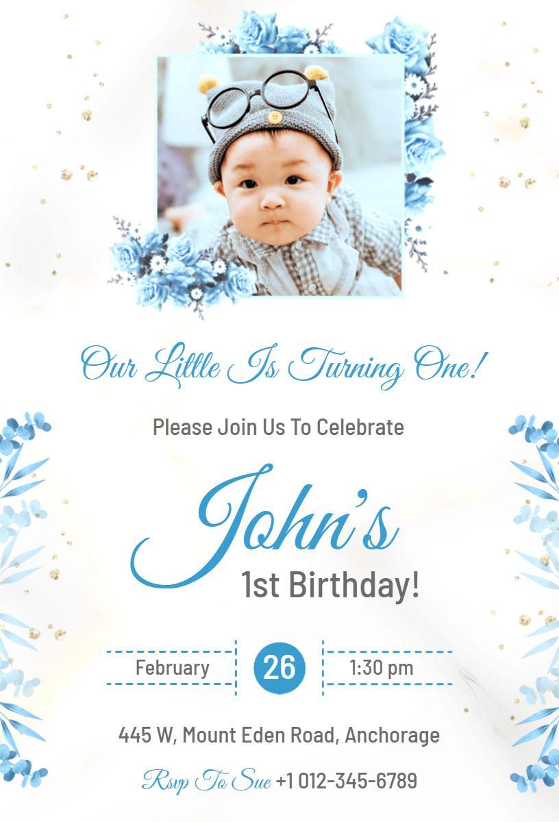 Adorable Blue Floral First Birthday Celebration Invitation Template