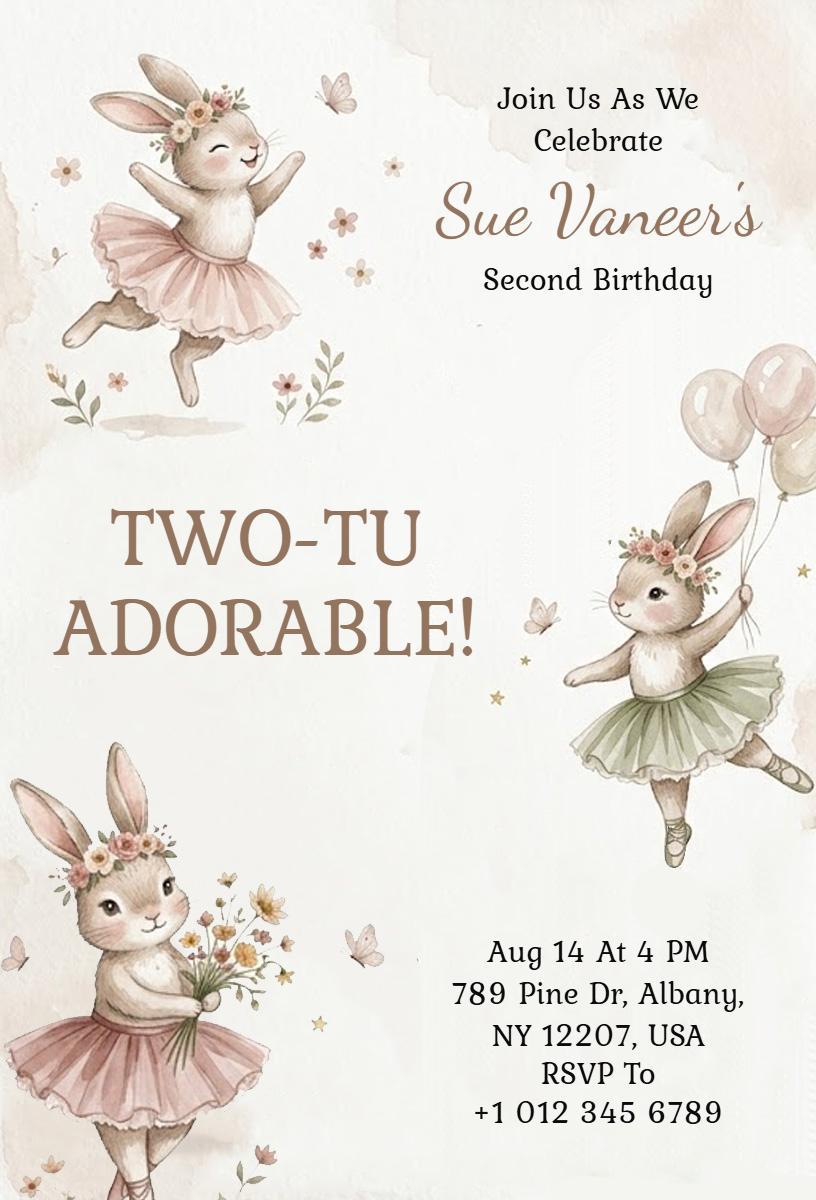 Adorable Bunny Theme Second Birthday Celebration Invitation Template