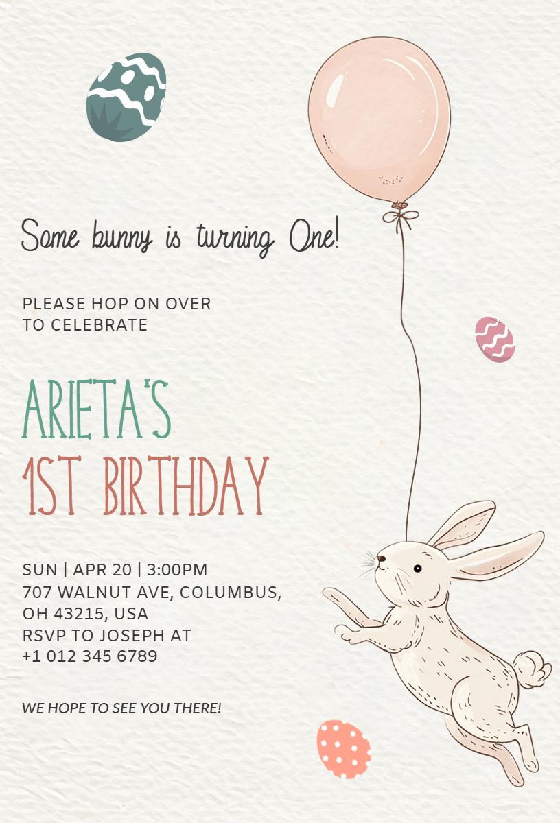 Adorable Bunny Themed First Birthday Celebration Invitation Template