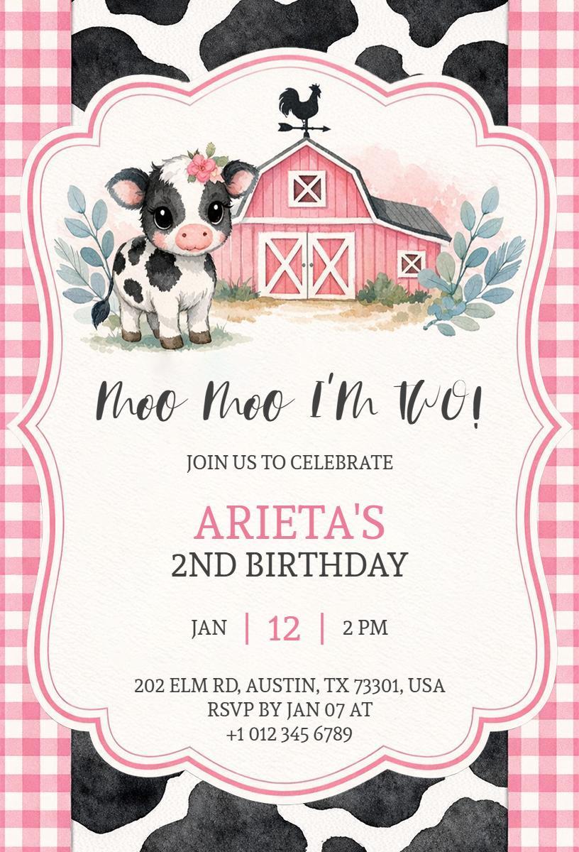 Adorable Cow Farm Themed 2nd Birthday Celebration Invitation Template