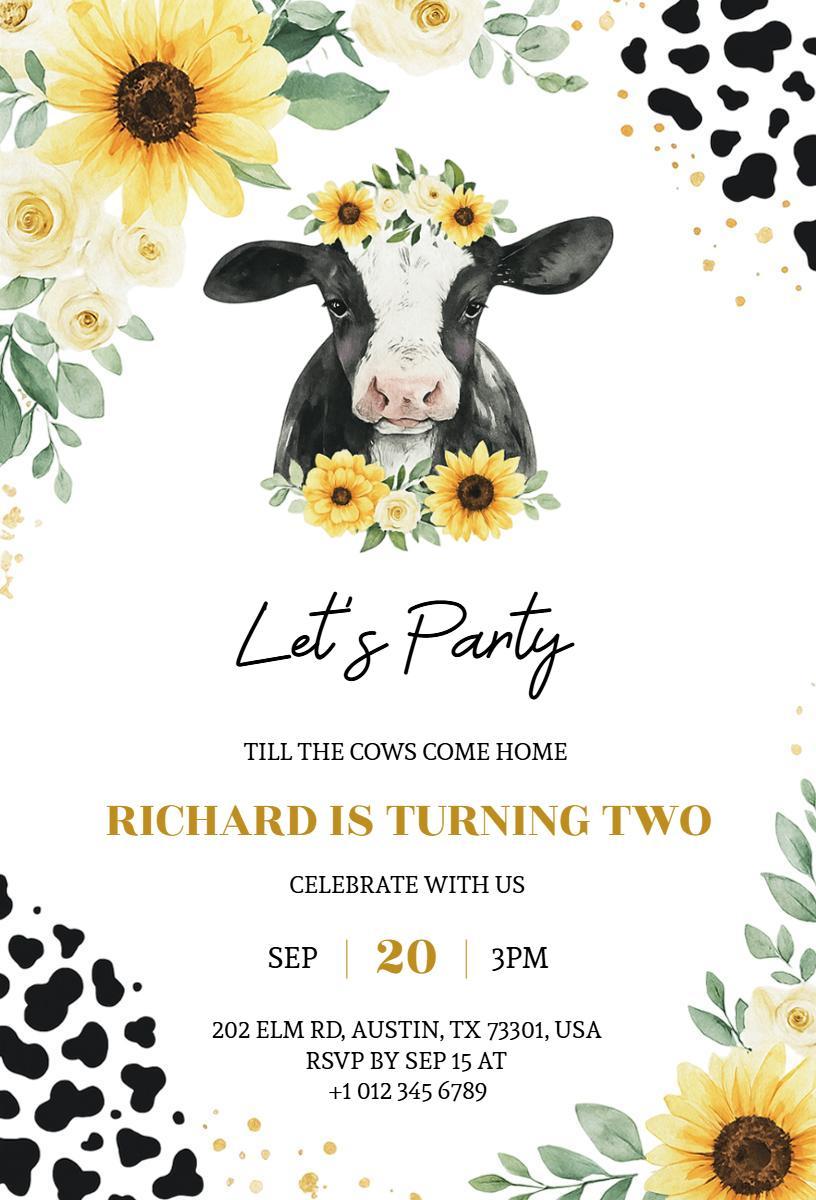 Adorable Cow Theme 2nd Birthday Celebration Invitation Template