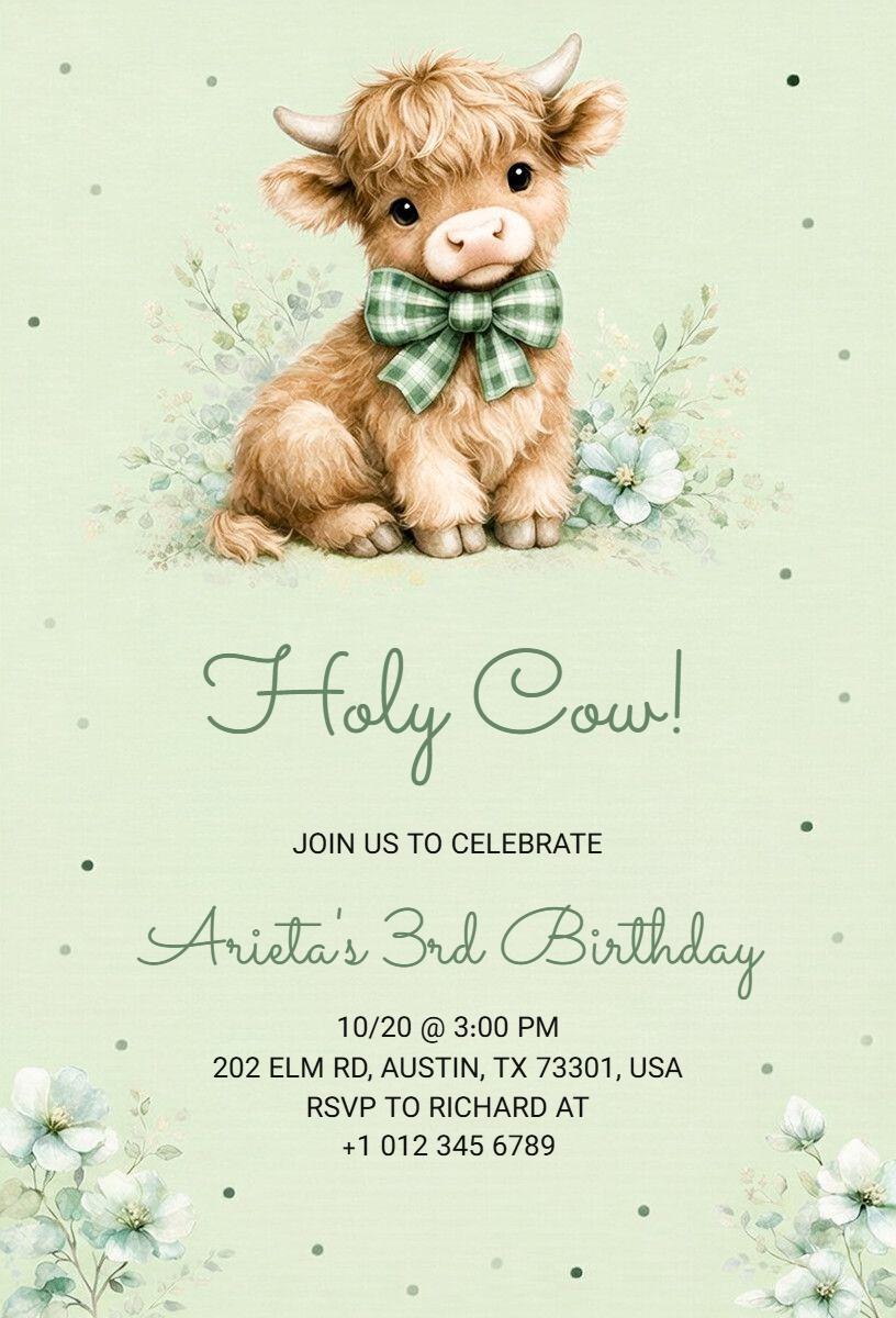 Adorable Cow Themed 3rd Birthday Celebration Invitation Template