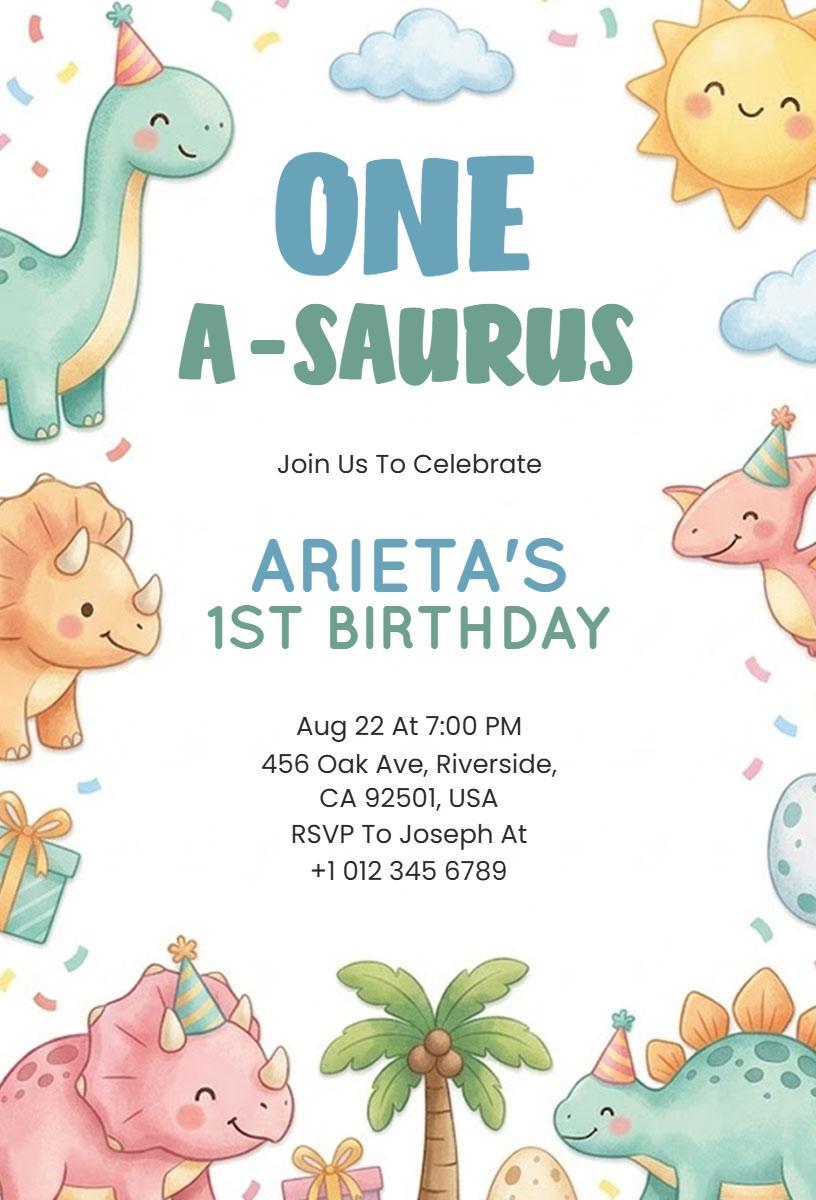 Adorable Dinosaur Themed First Birthday Celebration Invitation Template