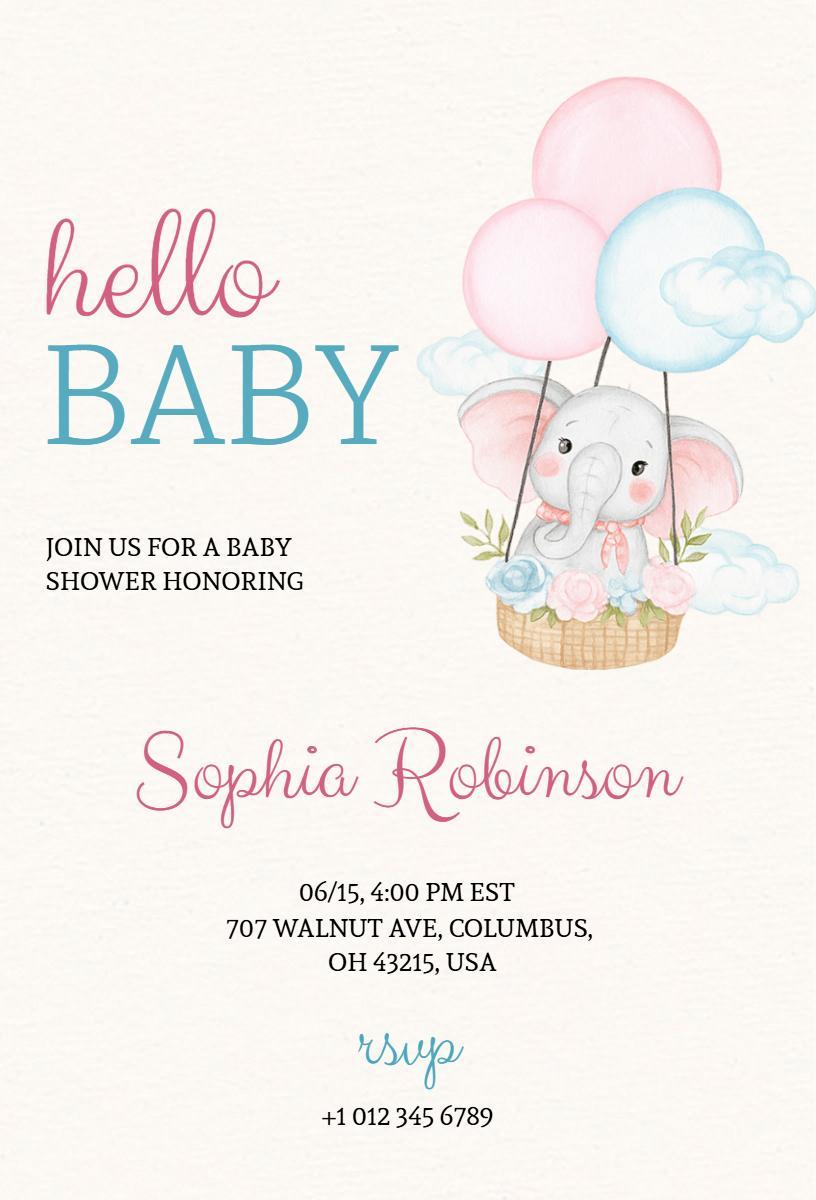 Adorable Elephant Balloon Baby Shower Celebration Invitation Template