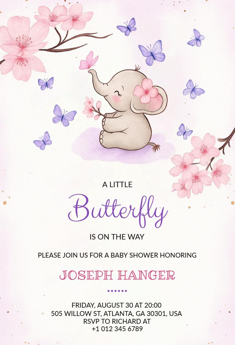 Adorable Elephant Butterfly Baby Shower Celebration Invitation Template