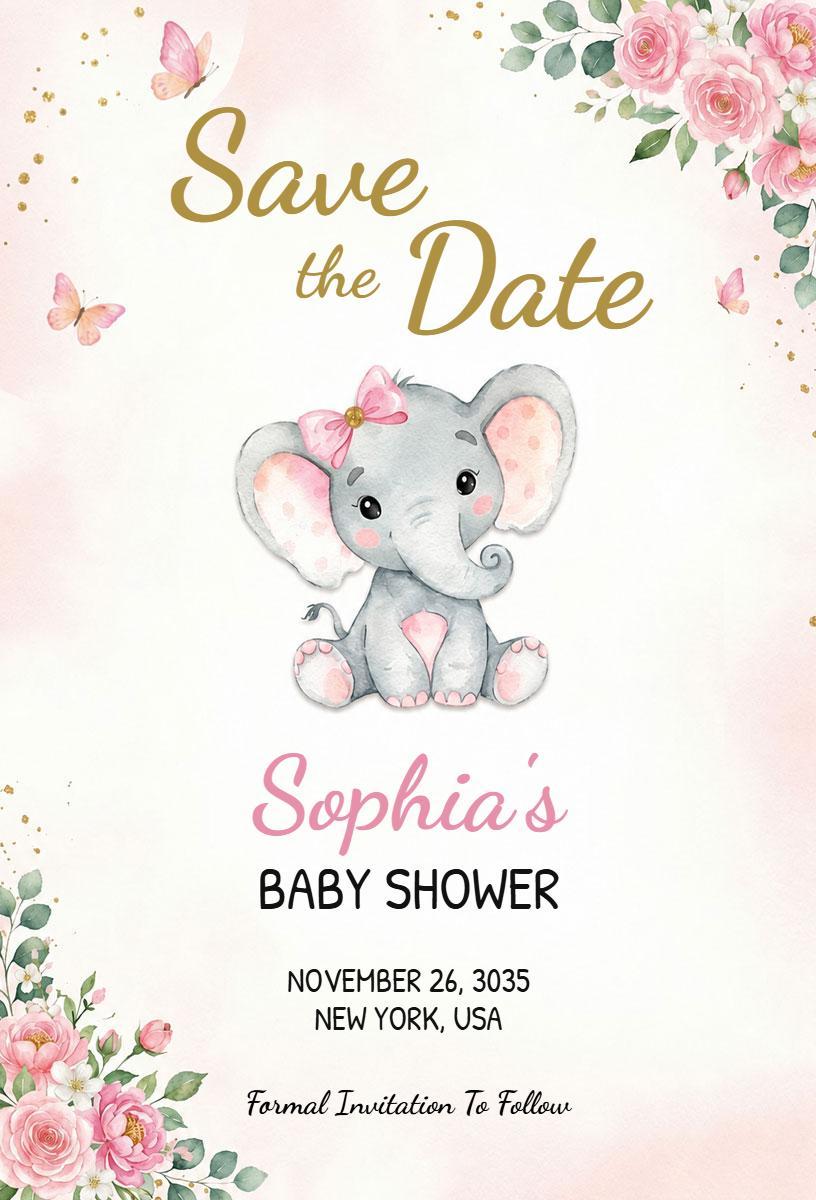 Adorable Elephant Theme Floral Baby Shower Invitation Template