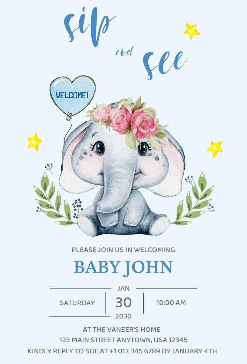 Adorable Elephant Themed Sip & See Baby Celebration Invitation Template