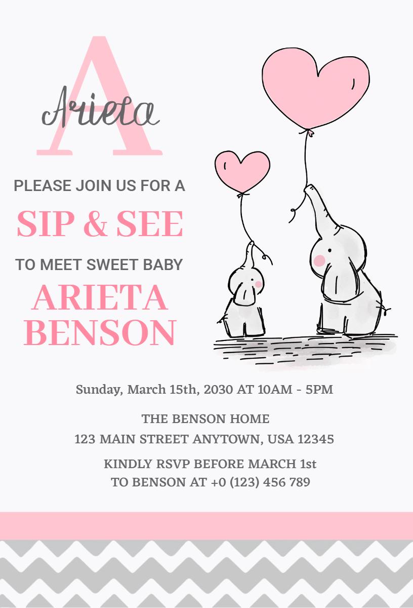 Adorable Elephant Themed Sip & See Baby Shower Invitation Template