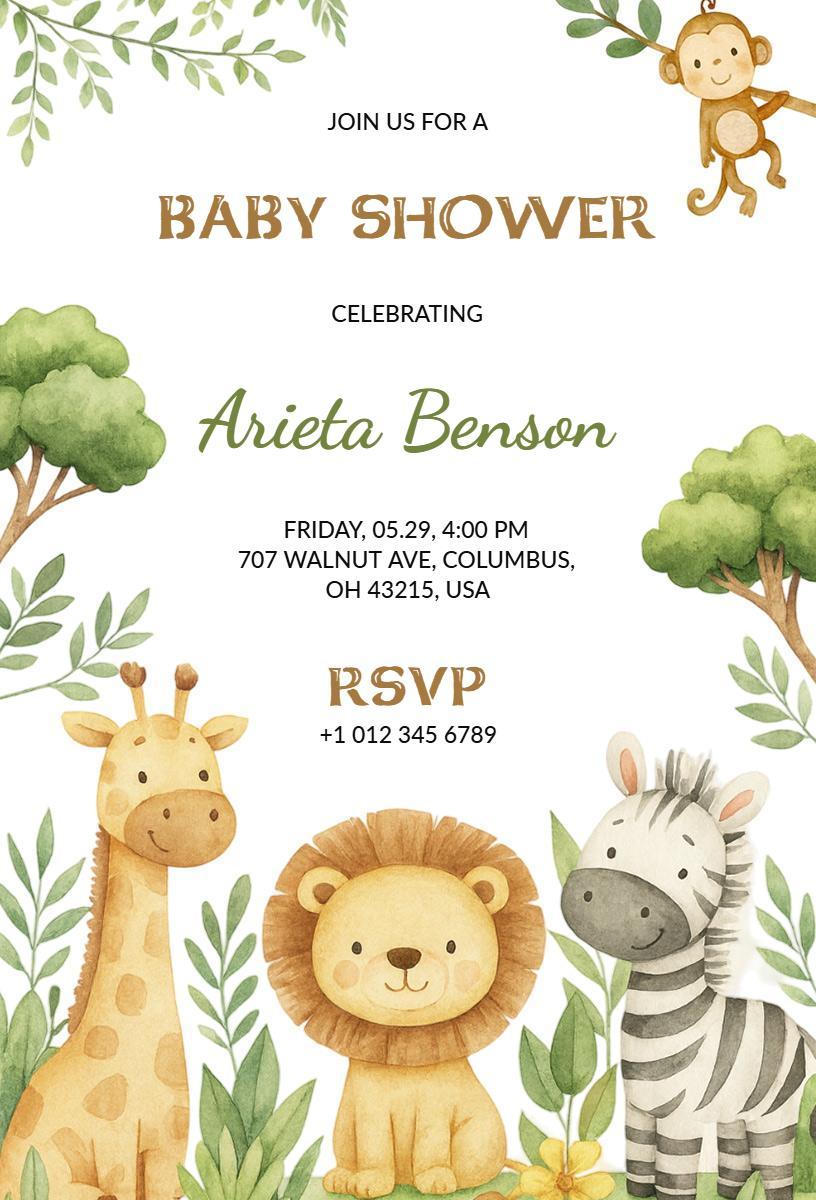 Adorable Jungle Safari Theme Baby Shower Invitation Template