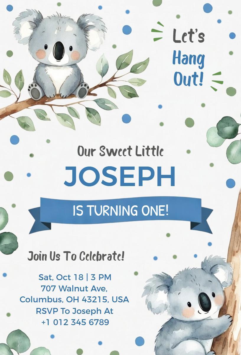 Adorable Koala 1st Birthday Celebration Invitation Template