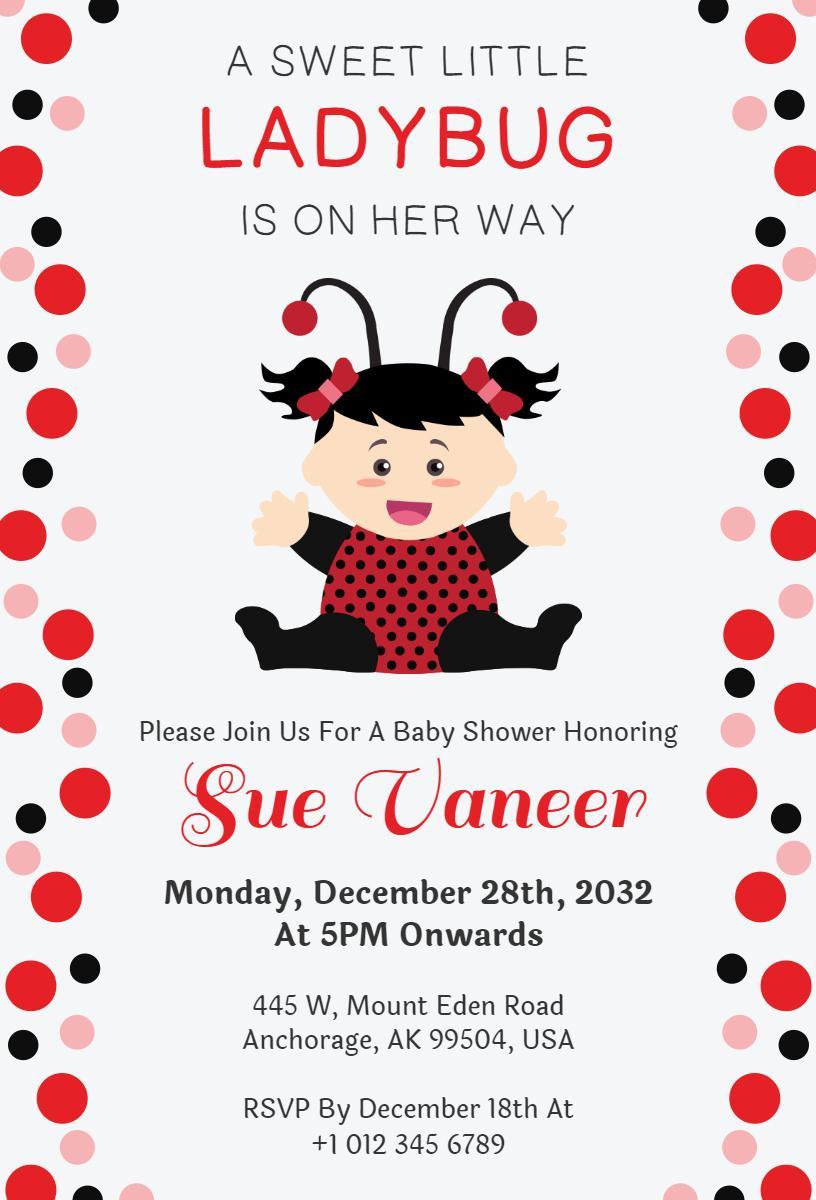 Adorable Ladybug Theme Baby Shower Celebration Invitation Template