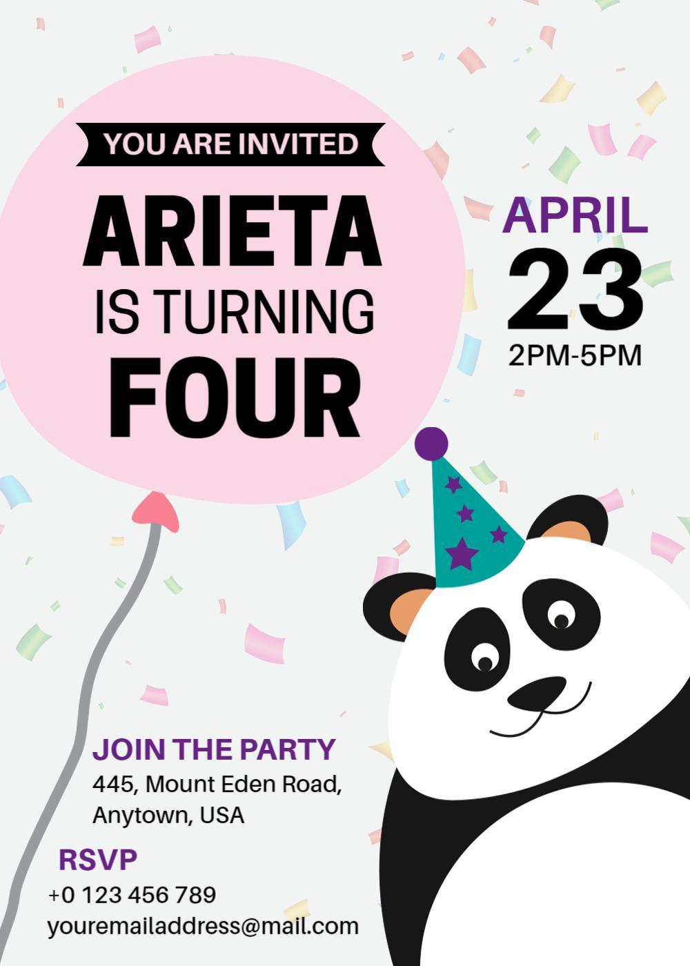 Adorable Panda Theme Colorful Birthday Celebration Invitation Template