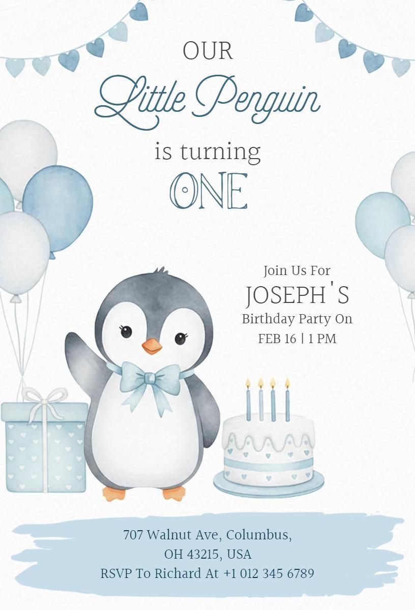 Adorable Penguin 1st Birthday Celebration Invitation Template