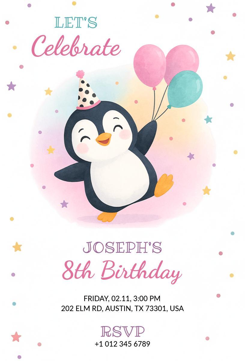Adorable Penguin Theme Colorful 8th Birthday Invitation Template