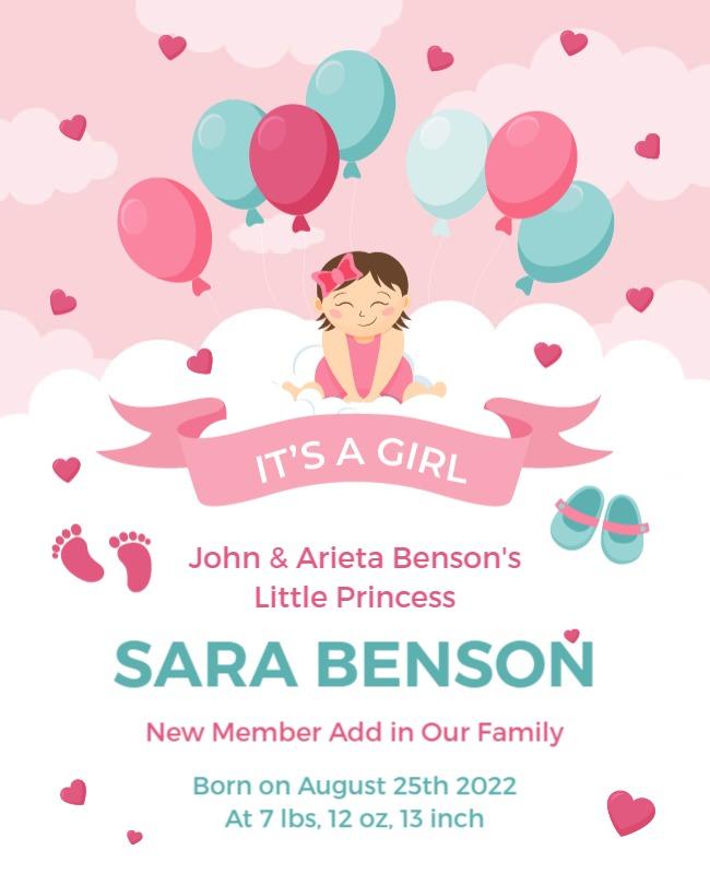 Adorable Pink Baby Girl Announcement Poster Template