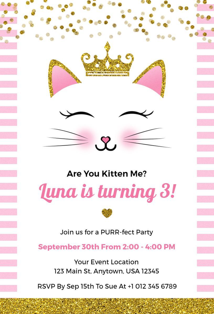 Adorable Pink Cat Theme Birthday Celebration Invitation Template