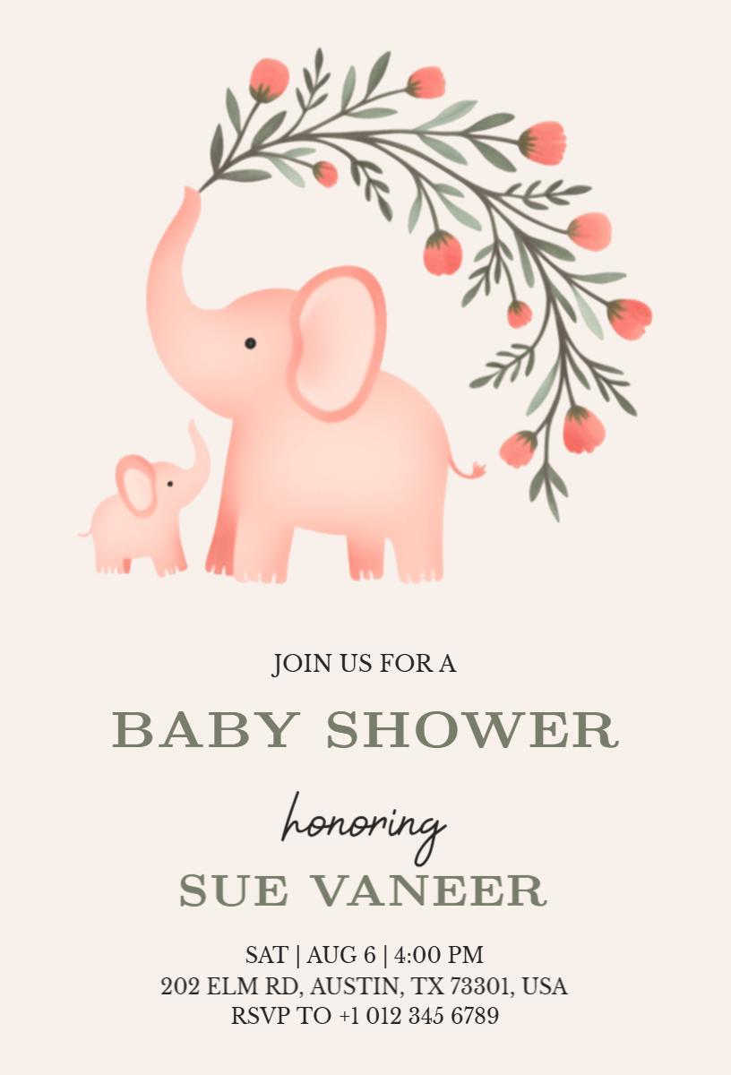 Adorable Pink Elephant Theme Baby Shower Invitation Template