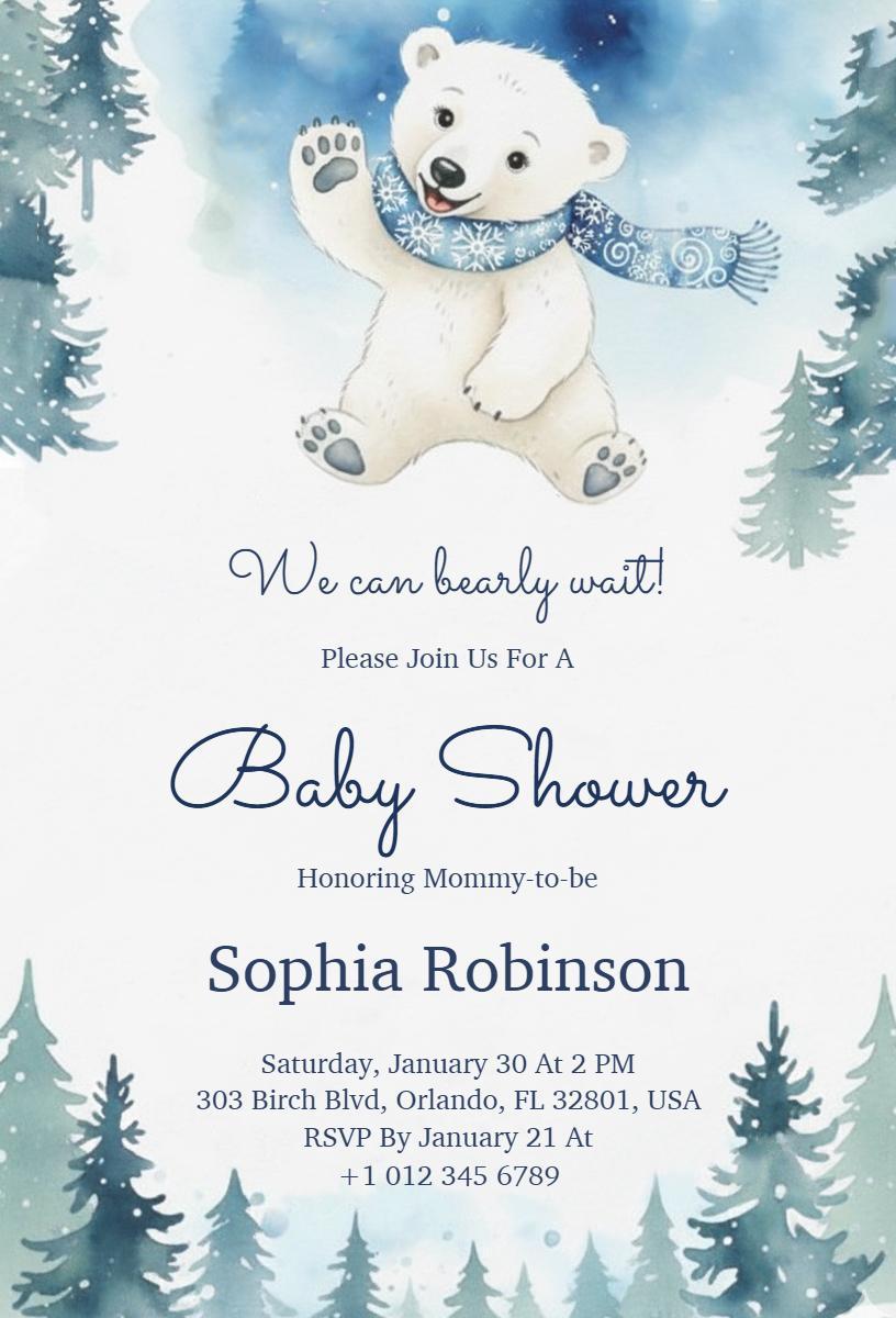 Adorable Polar Bear Winter Baby Shower Invitation Template