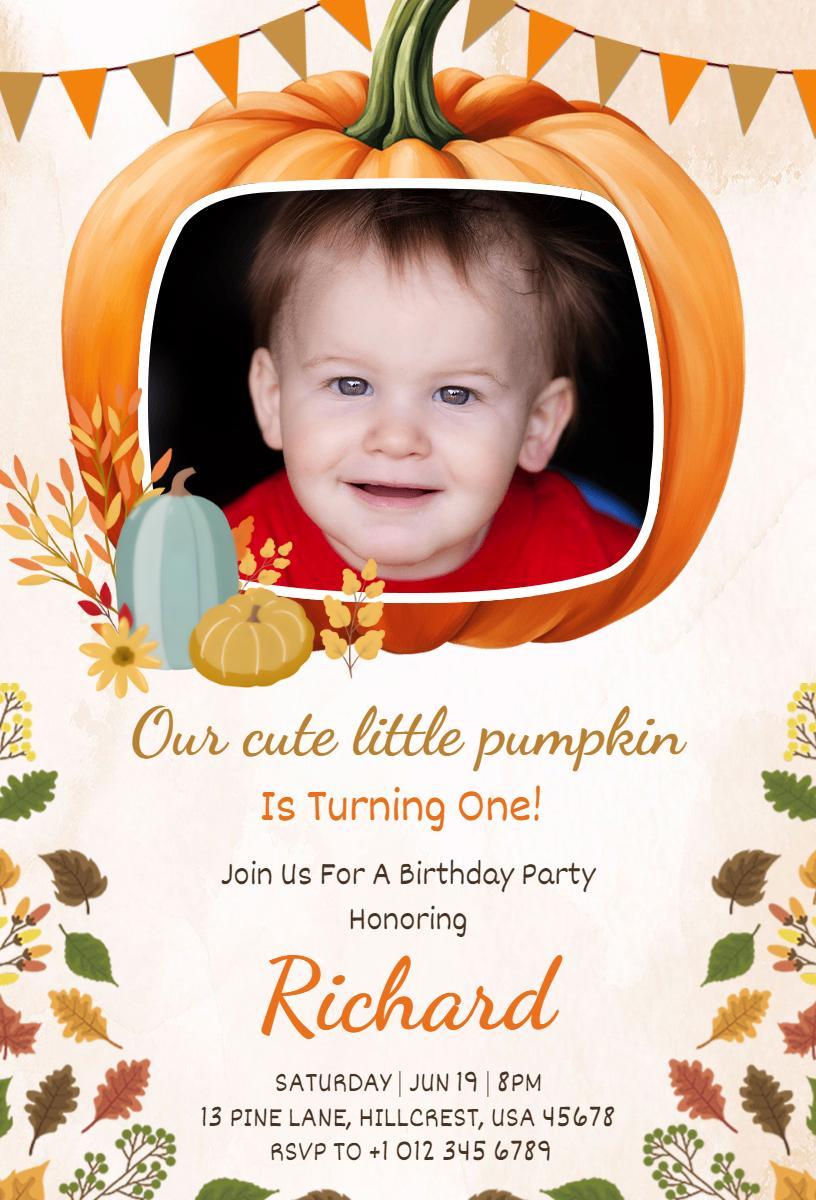 Adorable Pumpkin Themed First Birthday Celebration Invitation Template