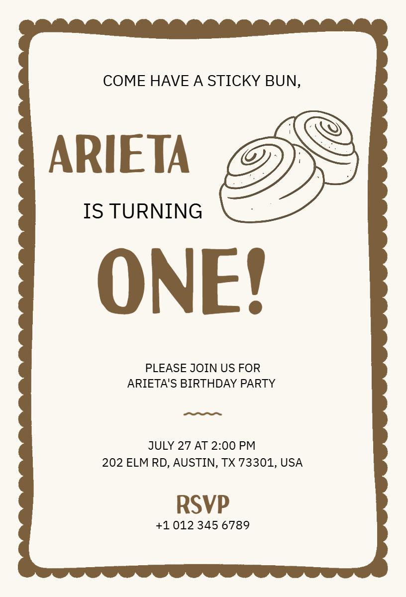 Adorable Sticky Bun Theme 1st Birthday Celebration Invitation Template
