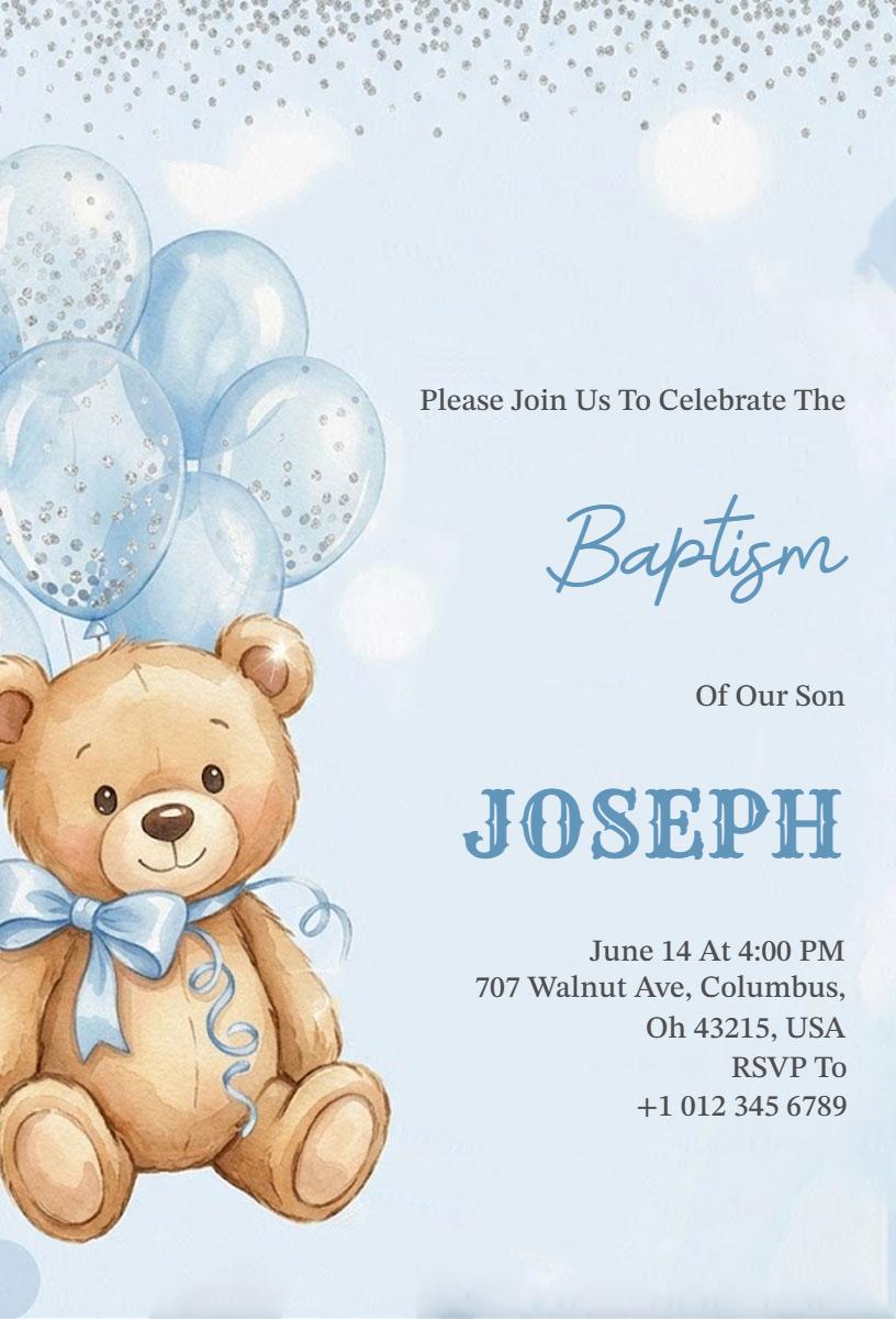 Adorable Teddy Bear Baby Boy Baptism Celebration Invitation Template