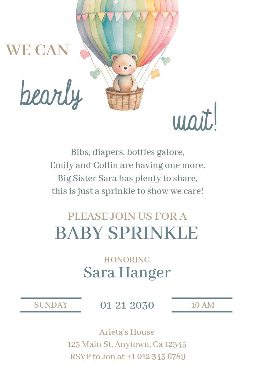 Adorable Teddy Bear Hot Air Balloon Baby Sprinkle Invitation Template